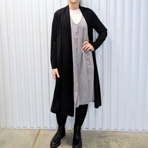 EILEEN FISHER long black wool cardigan sweater duster S